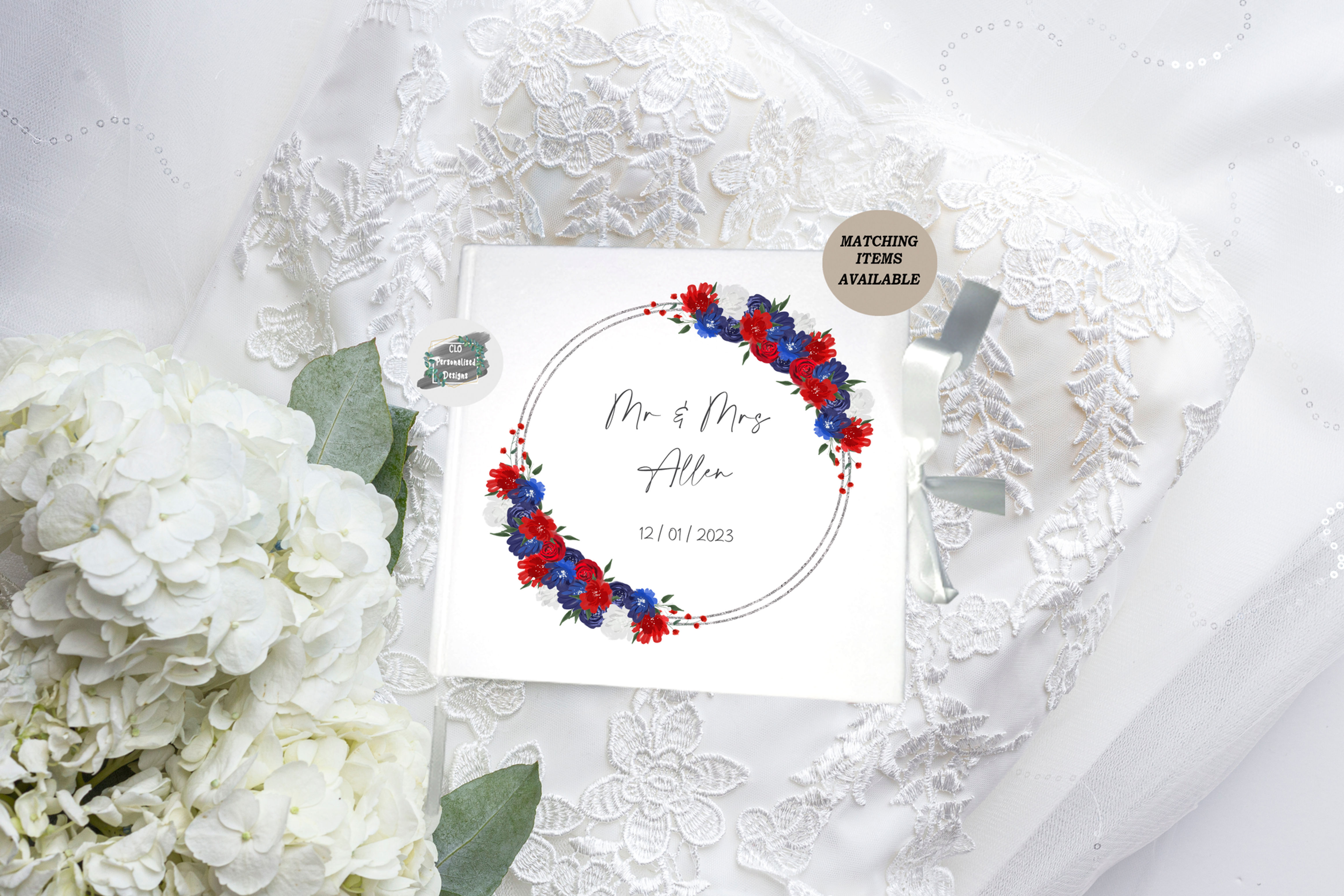 Velvet Navy Blue, Red and White Floral Wedding Guestbook, Keepsake Book,