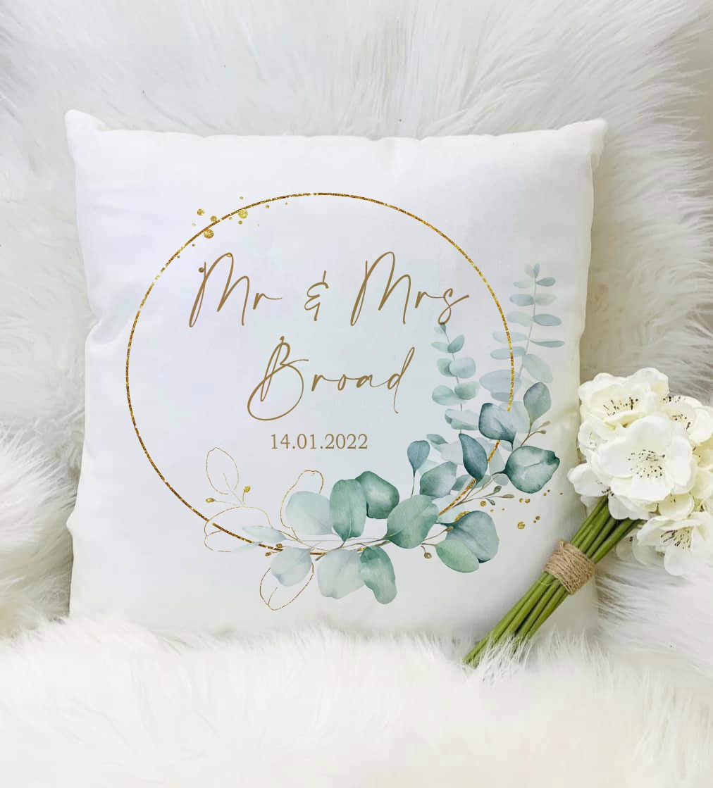 Personalised Eucalyptus Wedding Cushion, Wedding Keepsake Gift