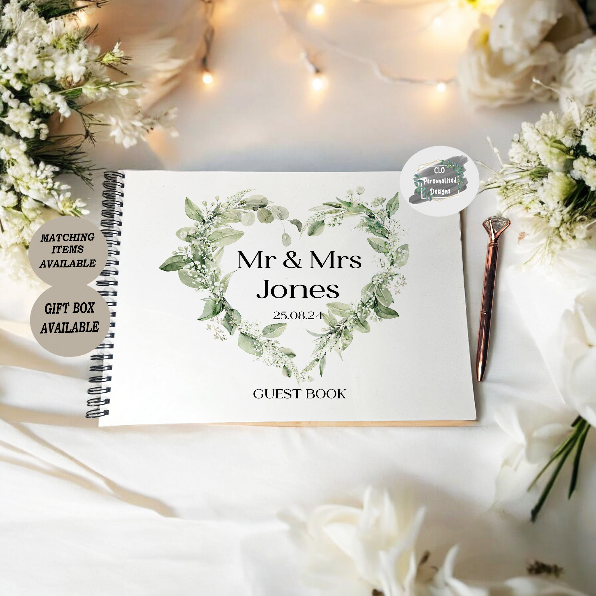 Personalised Wedding Guest book, Greenery Spiral Wedding Guest Book