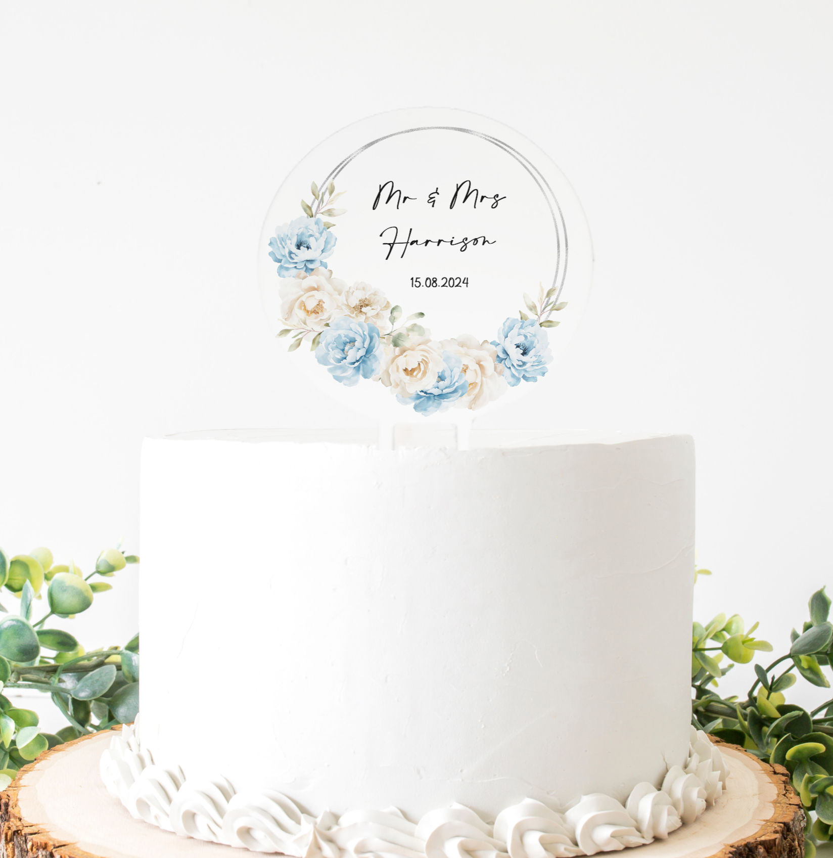 Personalised Ice Blue Ivory Wedding Cake Topper, Acrylic Cake Topper