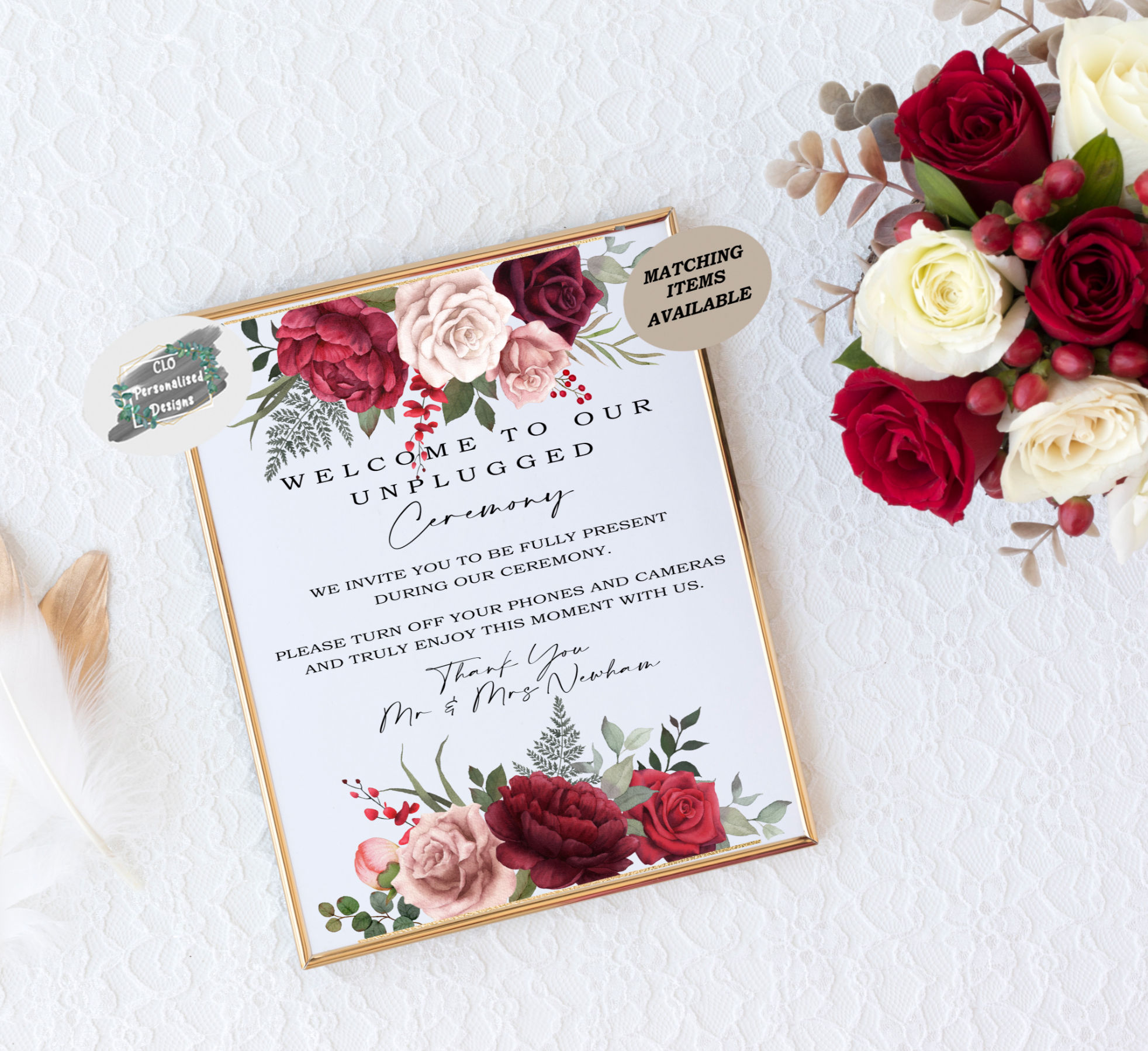 Personalised Unplugged Wedding Sign, Red Burgundy No Phones Sign, Stationary