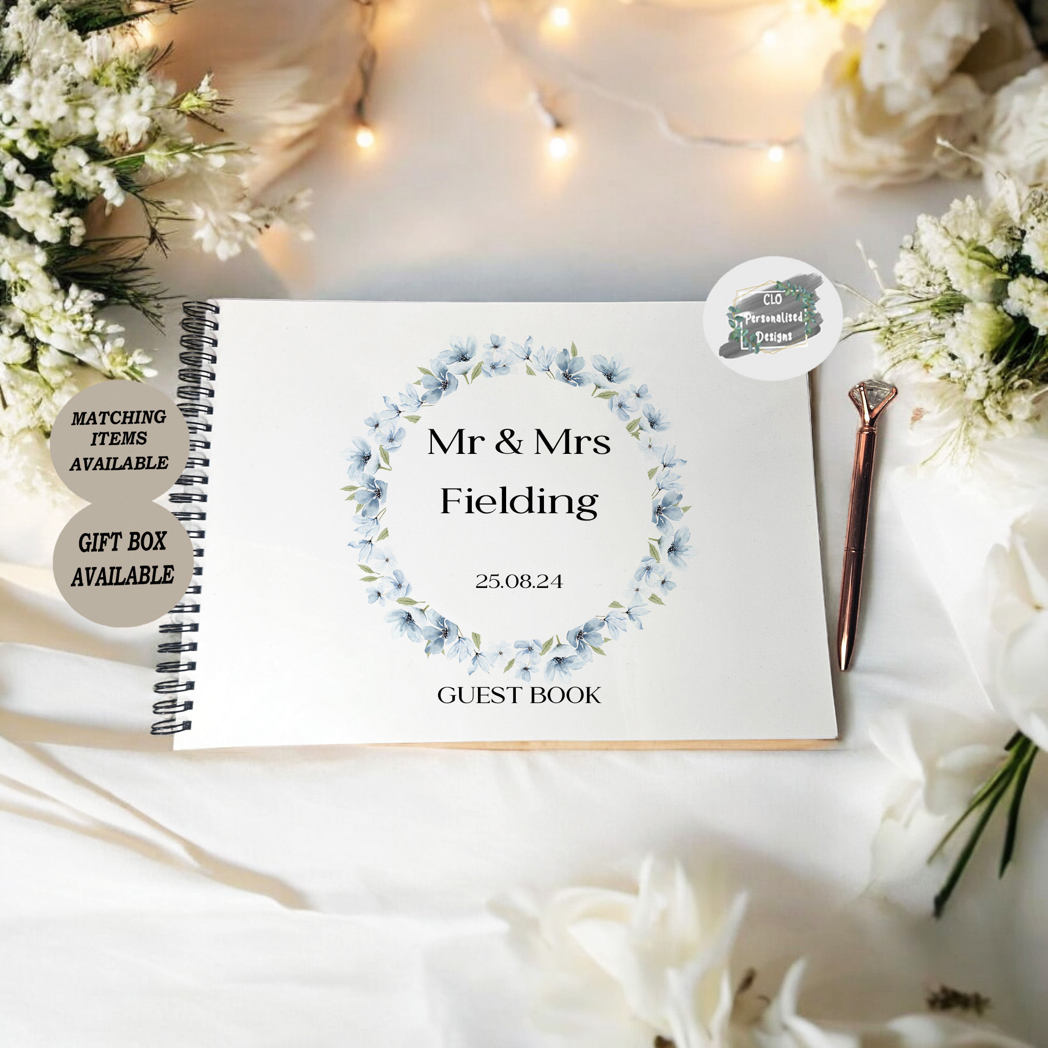 Personalised Wedding Guest book, Light Blue Floral Spiral Wedding Guest Book