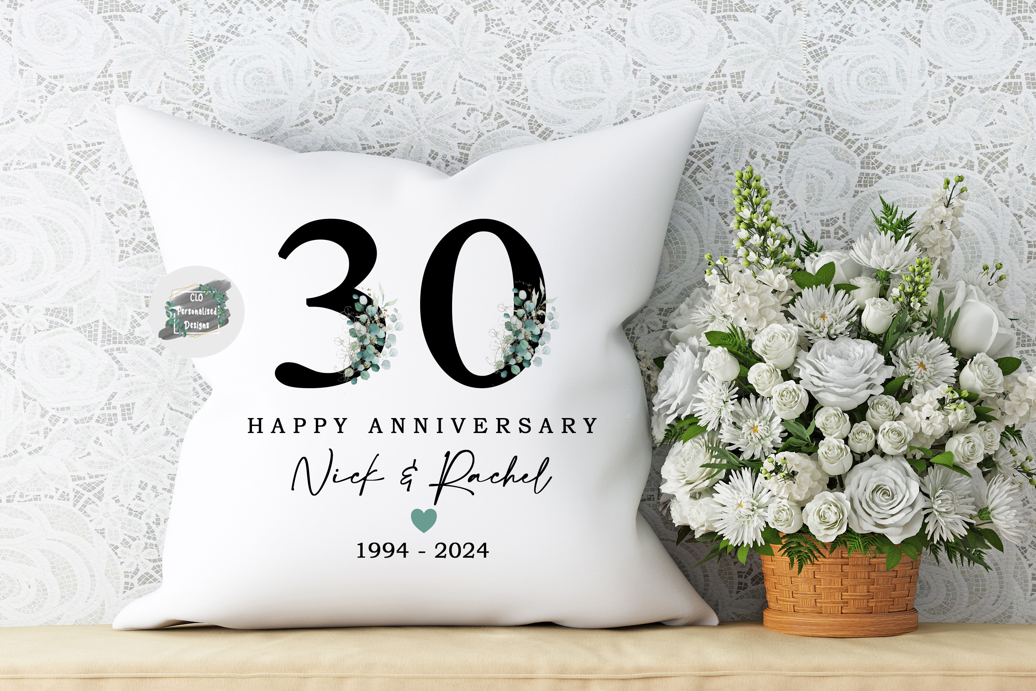 Personalised Eucalyptus Anniversary Cushion, 30 Year Wedding Anniversary Gift
