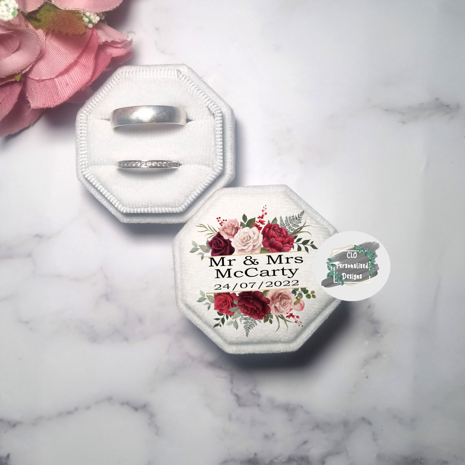 Personalised Velvet Red Burgundy Wedding Ring Box, Double Ring Box