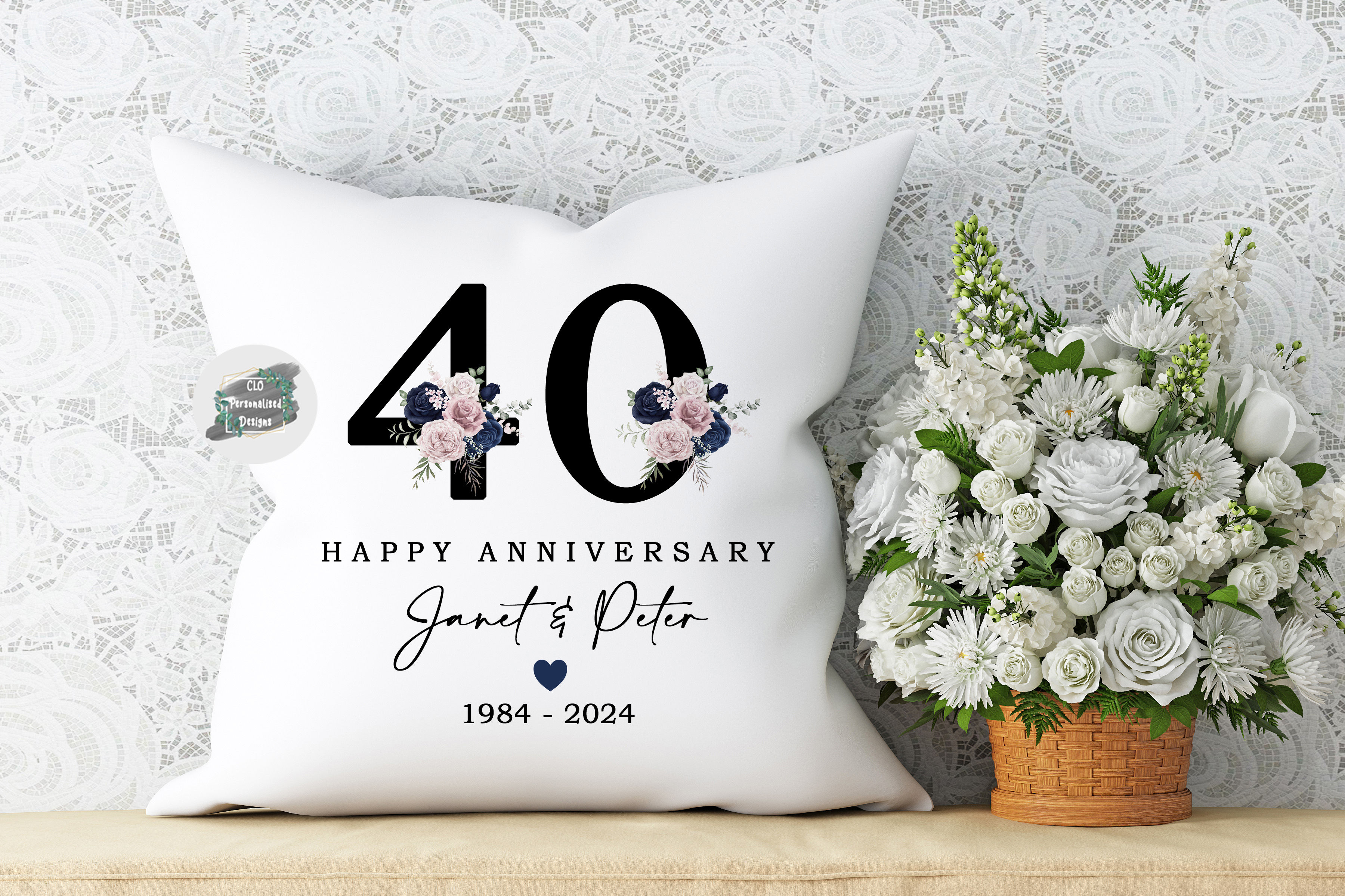 Personalised Floral Anniversary Cushion, 40 Year Wedding Anniversary Gif