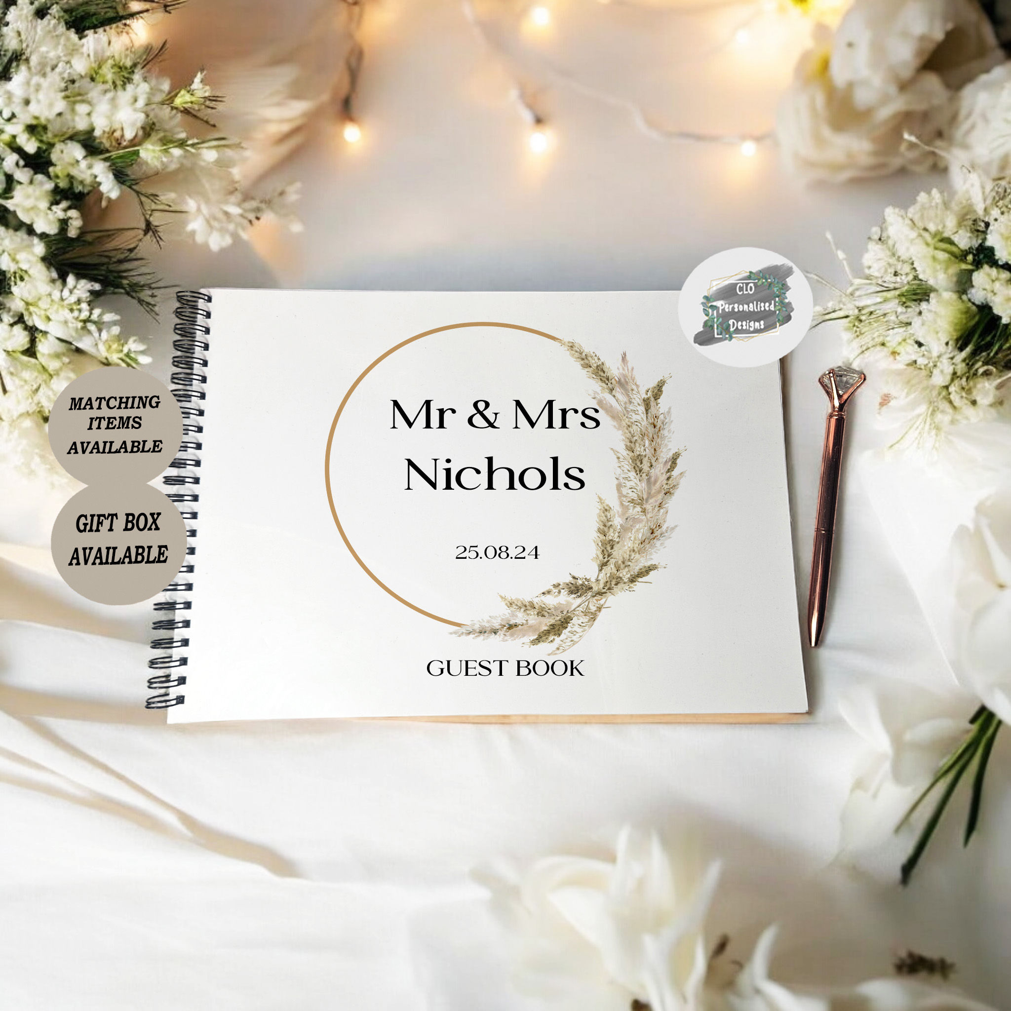 Personalised Wedding Guest book, Pampas Grass Spiral Wedding Guest Book