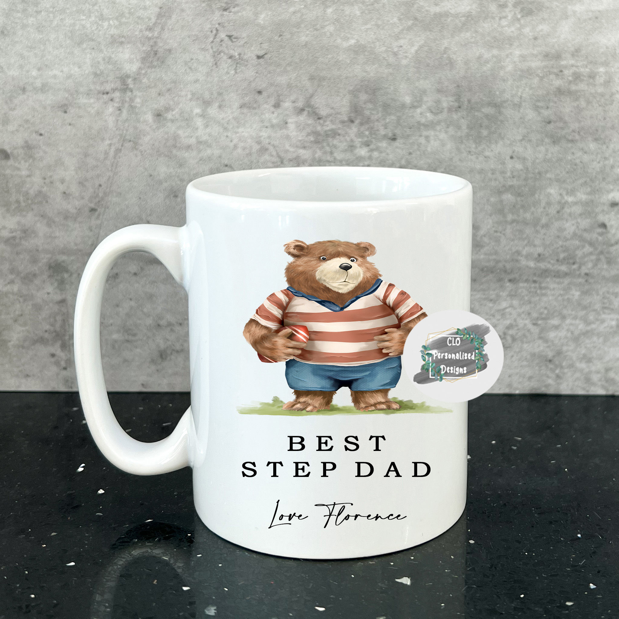 Rugby Fathers Day Mug For Step Dad, Daddy Bear Coffee Mug