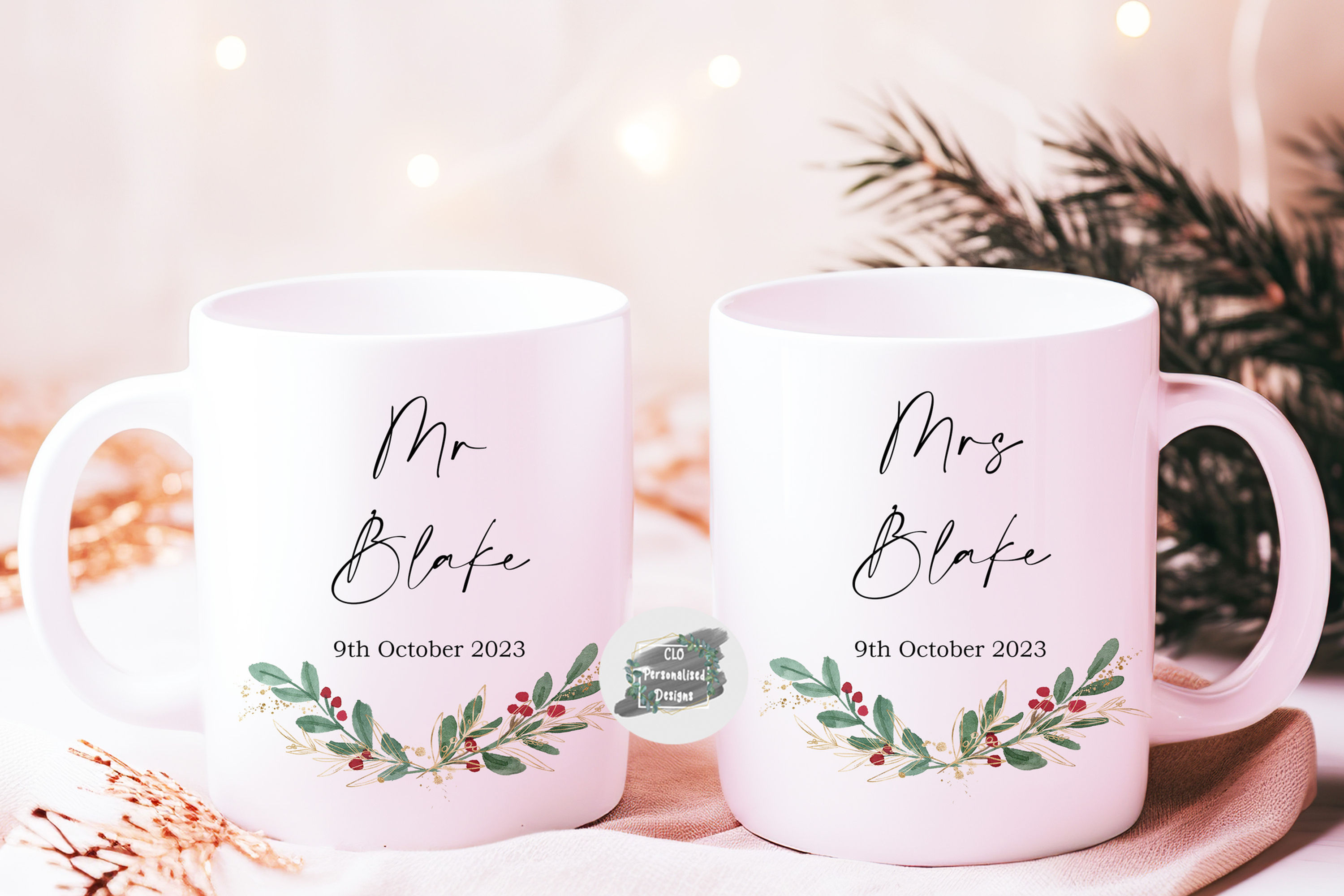 Personalised Winter Berries Wedding Mugs, Couples Wedding Mugs, Mr, Mrs