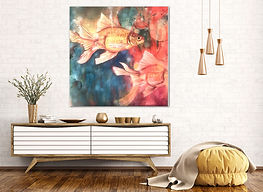 Art of goldfish by artist Tina Lawver on wall over a table with flowers