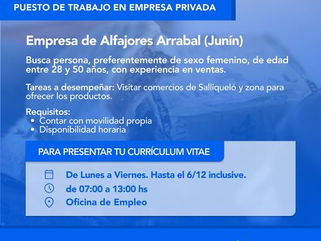 SALLIQUELÓ: CONVOCATORIA PARA PUESTO DE TRABAJO EN EMPRESA PRIVADA