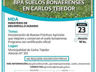 ESTE JUEVES SE REALIZARÁ LA PRESENTACIÓN DEL PROGRAMA BPA SUELOS BONAERENSES EN CARLOS TEJEDOR