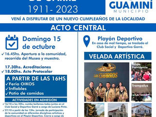 ACTO PROTOCOLAR Y ACTIVIDADES PARA CELEBRAR, ESTE DOMINGO, EL 112° ANIVERSARIO DE GARRÉ