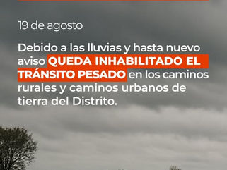 POR LAS LLUVIAS QUEDA INHABILITADO EL TRÁNSITO PESADO EN LOS CAMINOS RURALES Y EN LOS CAMINOS DE TIERRA URBANOS DEL DISTRITO, POR TIEMPO INDETERMINADO