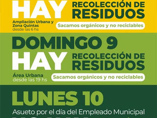 ASUETO DEL DÍA DEL TRABAJADOR MUNICIPAL: EL LUNES (10) NO SE PRESTARÁ EL SERVICIO DE RECOLECCIÓN DE RESIDUOS Y ESTARÁ CERRADA LA ESTACIÓN DE TRANSFERENCIA