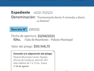 LLAMADO A LICITACIÓN PÚBLICA PARA LA PAVIMENTACIÓN DEL BARRIO 11 VIVIENDAS Y BARRIO LA RETAMA