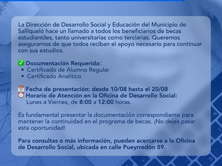 SALLIQUELO: INFORMACIÓN IMPORTANTE PARA ESTUDIANTES CON BECAS ESTUDIANTILES