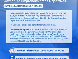 SALLIQUELÓ: ABIERTA LA INSCRIPCIÓN PARA LA LICENCIATURA EN EDUCACIÓN FÍSICA Y GESTIÓN DE EMPRENDIMIENTOS DEPORTIVOS