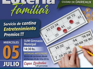 DAIREAUX: VUELVE LA LOTERÍA FAMILIAR, EN EL SUM DEL GIMNASIO MUNICIPAL