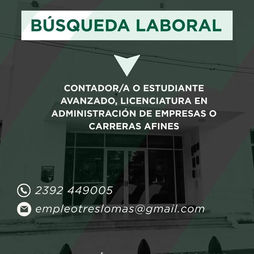 EL MUNICIPIO DE TRES LOMAS SE ENCUENTRA EN LA BÚSQUEDA DE  UN/A ADMINISTRATIVO/A
