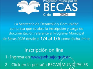 PEHUAJÓ: ESTÁN ABIERTAS LAS INSCRIPCIONES PARA EL PROGRAMA MUNICIPAL DE BECAS 2026