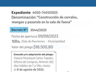 CARLOS TEJEDOR: LICITACIÓN PRIVADA PARA CONTRUCCIÓN DE CORRALES, MANGAS Y PASARELA EN SALA DE FAENA