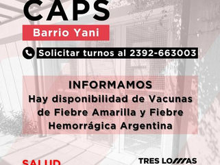 TRES LOMAS: SE ENCUENTRAN DISPONIBLES LAS VACUNAS DE FIEBRE AMARILLA Y FIEBRE HEMORRÁGICA ARGENTINA