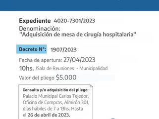 CARLOS TEJEDOR: LLAMADO A LICITACIÓN PRIVADA PARA LA ADQUISICIÓN DE MESA DE CIRUGÍA HOSPITALARIA