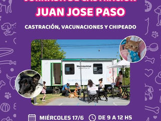 JORNADA DE CASTRACIÓN DE MASCOTAS , EL MIÉRCOLES 17 EN JUAN JOSÉ PASO