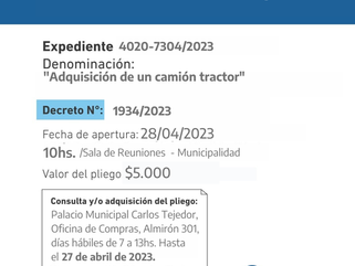 CARLOS TEJEDOR: LLAMADO A LICITACIÓN PARA LA COMPRA DE UN CAMIÓN TRACTOR Y UN ACOPLADO CISTERNA