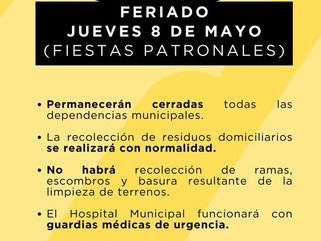 TRES LOMAS: CRONOGRAMA DE SERVICIOS POR EL FERIADO DE LAS FIESTAS PATRONALES EL JUEVES 8 DE MAYO