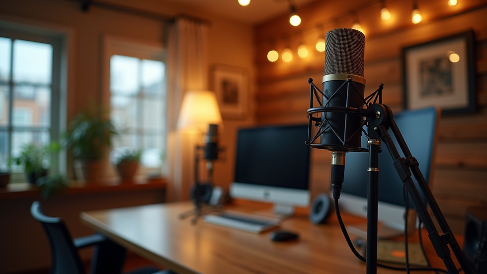 Eye-level view of a cozy podcast studio with microphones and sound equipment