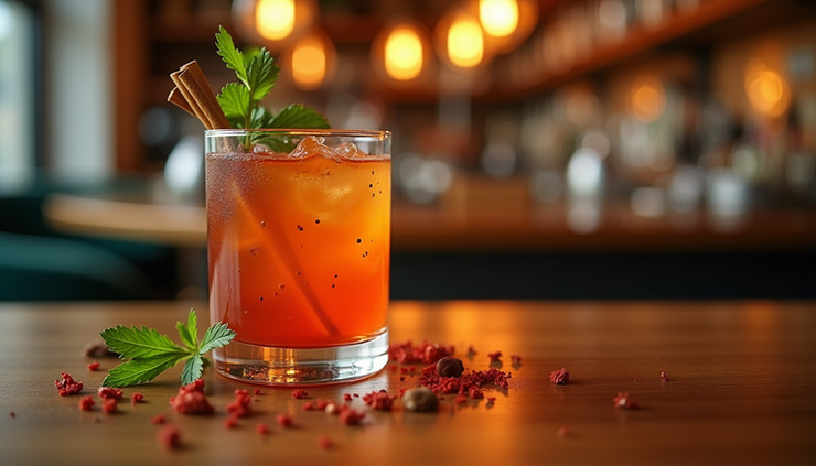 Eye-level view of a vibrant cocktail glass with Indian spices garnish at Benares Bangkok