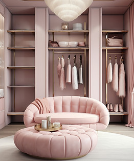 Un elegante y sofisticado vestidor en tonos rosados, con una decoración femenina y lujosa. Al fondo, se pueden ver varias est
