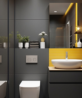 baño moderno con un diseño minimalista. La paleta de colores se compone de azulejos de color gris oscuro en las paredes y el