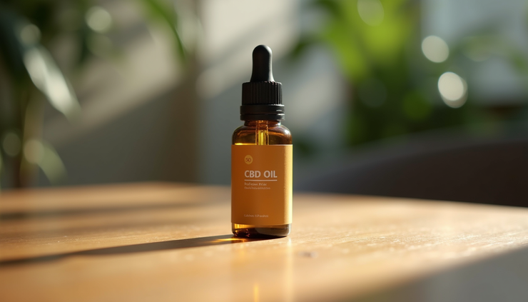 Eye-level view of a bottle of medicinal CBD oil on a wooden table in Canberra