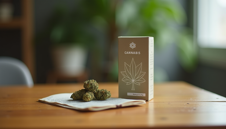 Eye-level view of a medical cannabis package on a wooden table in Adelaide