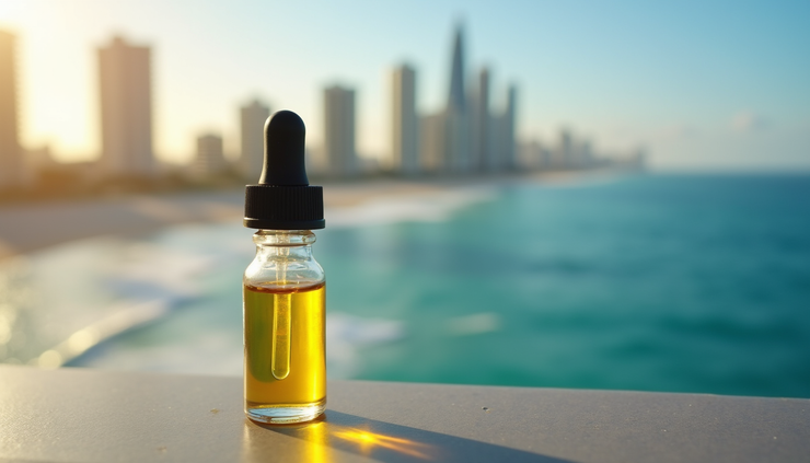Close-up view of a small CBD oil sample vial with Surfers Paradise skyline in the distance