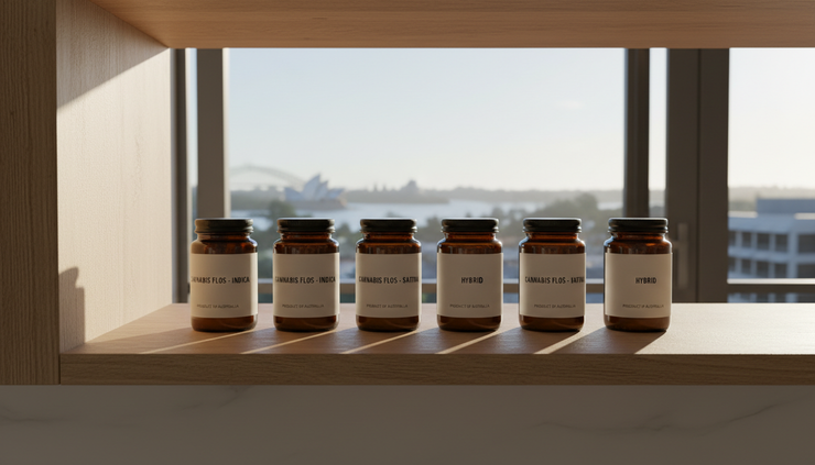 Eye-level view of medicinal cannabis jars on a simple kitchen shelf