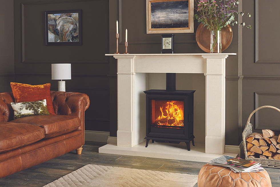 Sheraton 5 Wide multi-fuel Ecodesign stove burning logs, with Claremont Limestone Mantle_2
