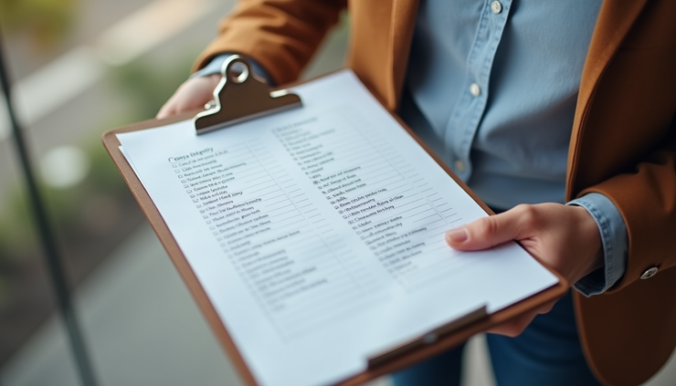 High angle view of a property inspection checklist and notes on a clipboard
