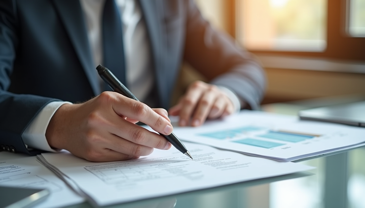 Close-up view of a buyer’s agent reviewing property documents with a client
