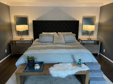 wallpapered headboard wall, painted walls & added ceiling fan