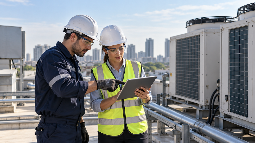 Técnico de climatização e engenheira mecânica analisam equipamentos de ar-condicionado em área externa.