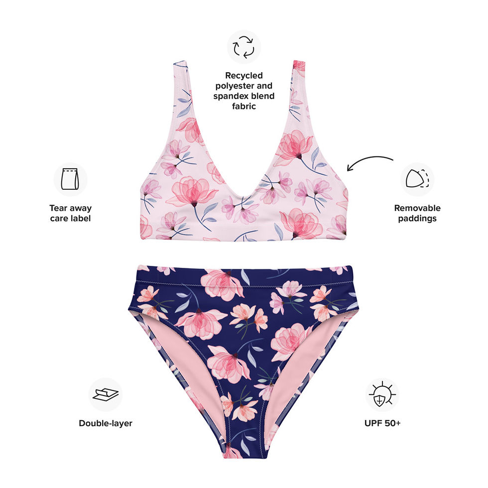 Thumbnail: Pink Floral X-ray Top and Navy Floral X-ray Bottoms Recycled High-Waisted Bikini