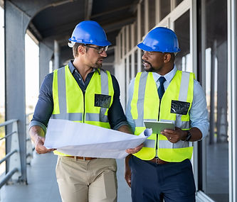 Two male construction engineers on-site