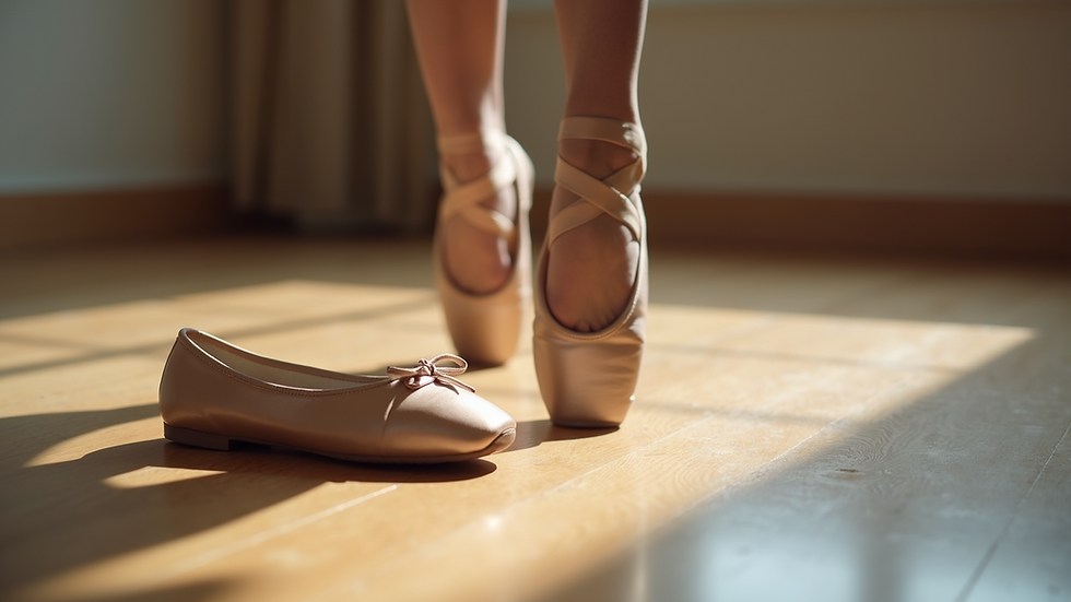 Close-up view of ballet shoes on a polished wooden floor