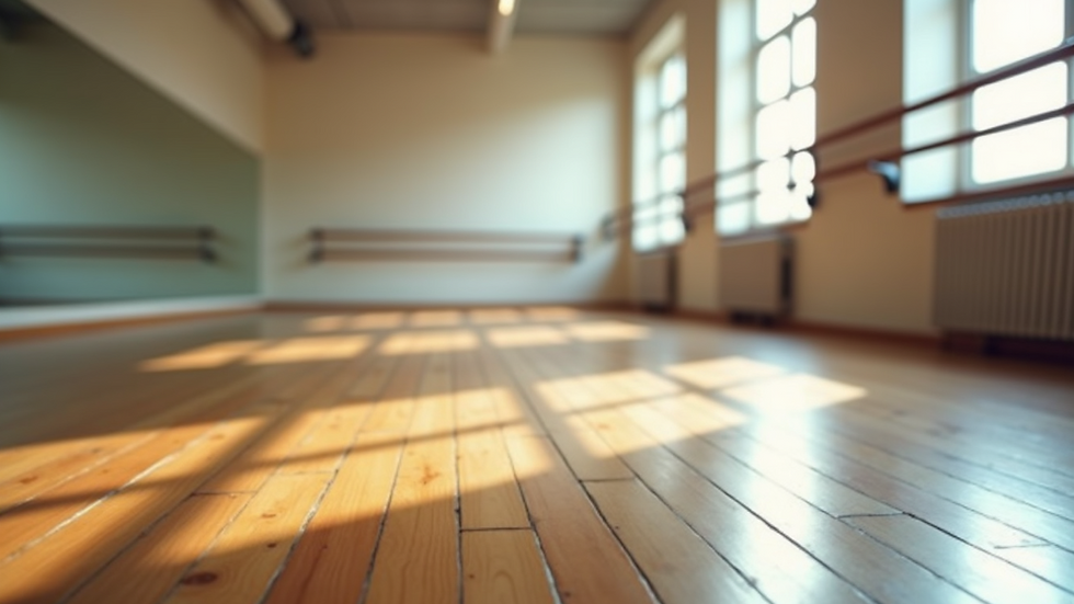 Eye-level view of a ballet studio with wooden floors and mirrors