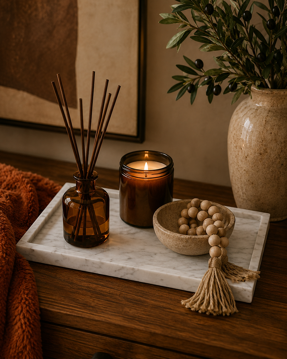 Elegant white marble tray styled with amber candle jar, reed diffuser, decorative wood bead garland, and warm modern farmhouse décor accents on a wooden console table.