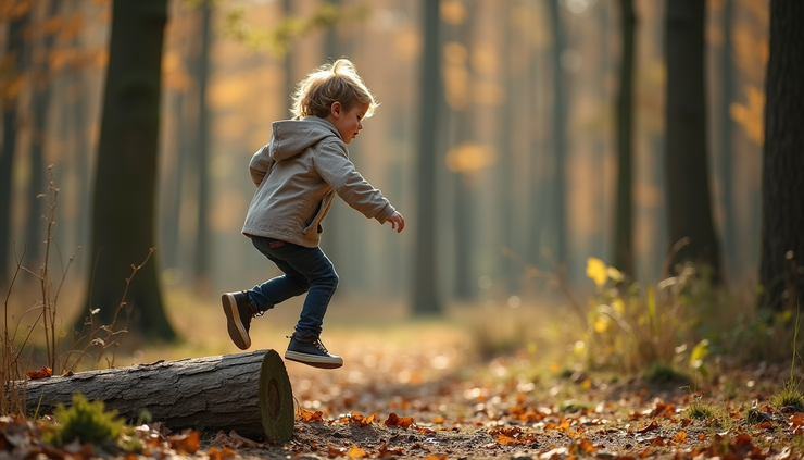 Eye-level view of a child jumping over a small log in a forest clearing