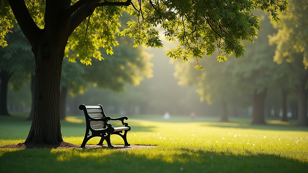 Eye-level view of a serene park bench under a tree
